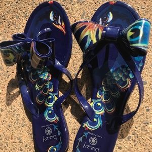 Peacock, flip flops, sandals, blue sandals